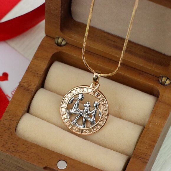 "Rose Gold Gemini Zodiac Pendant with Twin Motif and Symbol Circle, XPPT1447 - Picture 10 of 13